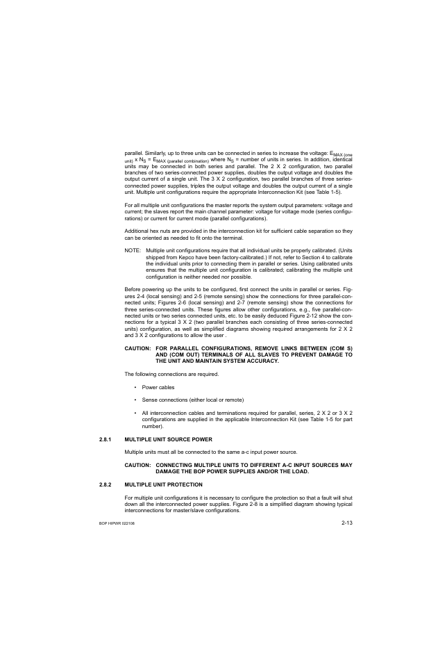 1 multiple unit source power, 2 multiple unit protection, Caution | System accuracy, Bop power supplies and/or the load, Multiple unit source power -13, Multiple unit protection -13 | KEPCO BOP 1KW-MG Operator Manual, Firmware Ver.2.01 to 2.37 User Manual | Page 47 / 176