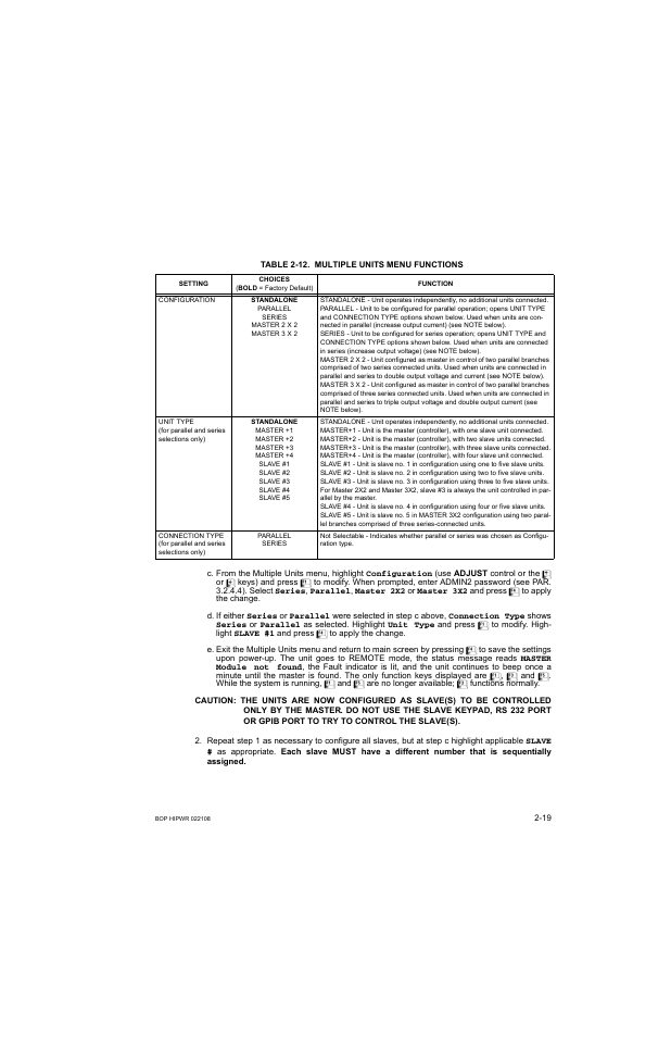 Table 2-12. multiple units menu functions, Slave(s), 12 multiple units menu functions -19 | KEPCO BOP 1KW-MG Operator Manual, Firmware Ver.2.01 to 2.37 User Manual | Page 53 / 176