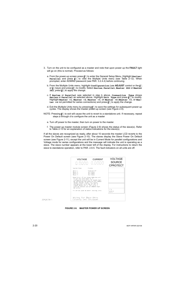 Figure 2-9. master power up screen, Master power up screen -20 | KEPCO BOP 1KW-MG Operator Manual, Firmware Ver.2.01 to 2.37 User Manual | Page 54 / 176