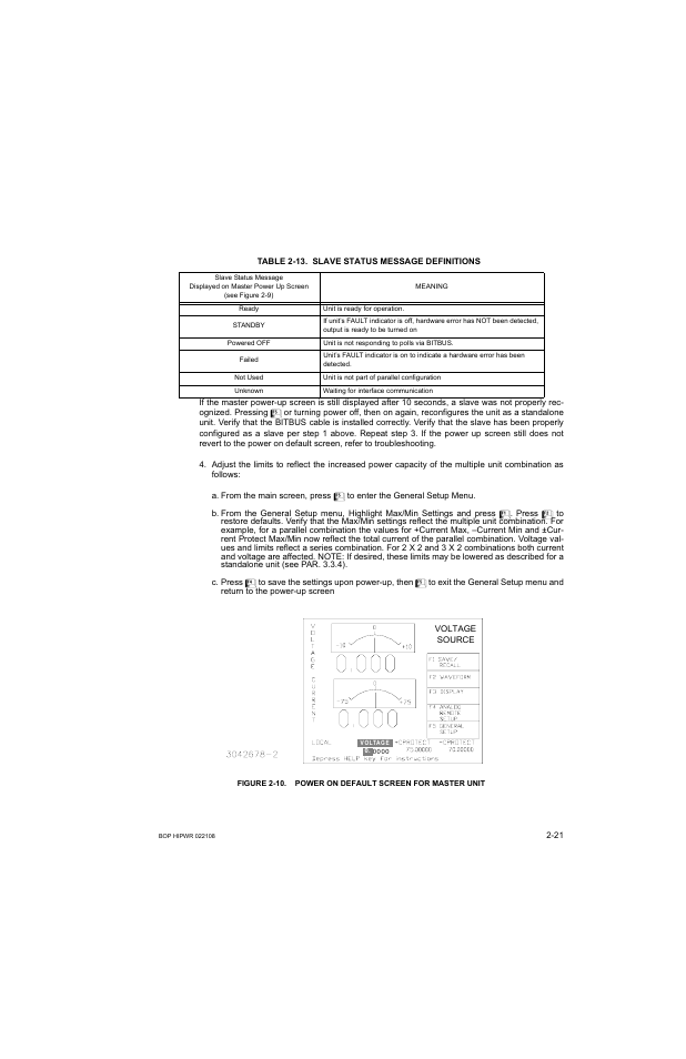 Table 2-13. slave status message definitions, 10 power on default screen for master unit -21, 13 slave status message definitions -21 | KEPCO BOP 1KW-MG Operator Manual, Firmware Ver.2.01 to 2.37 User Manual | Page 55 / 176