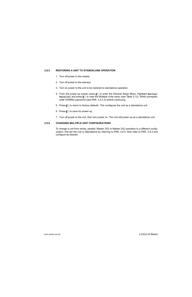 5 restoring a unit to standalone operation, 6 changing multiple unit configurations, Restoring a unit to standalone operation -23 | Changing multiple unit configurations -23, R. 2.8.5, R. 2.8.5. on | KEPCO BOP 1KW-MG Operator Manual, Firmware Ver.2.01 to 2.37 User Manual | Page 57 / 176