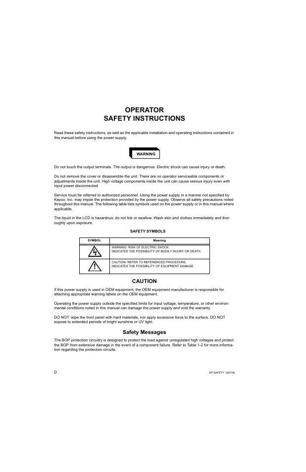 Operator safety instructions, Caution, Safety messages | KEPCO BOP 1KW-MG Operator Manual, Firmware Ver.2.01 to 2.37 User Manual | Page 6 / 176