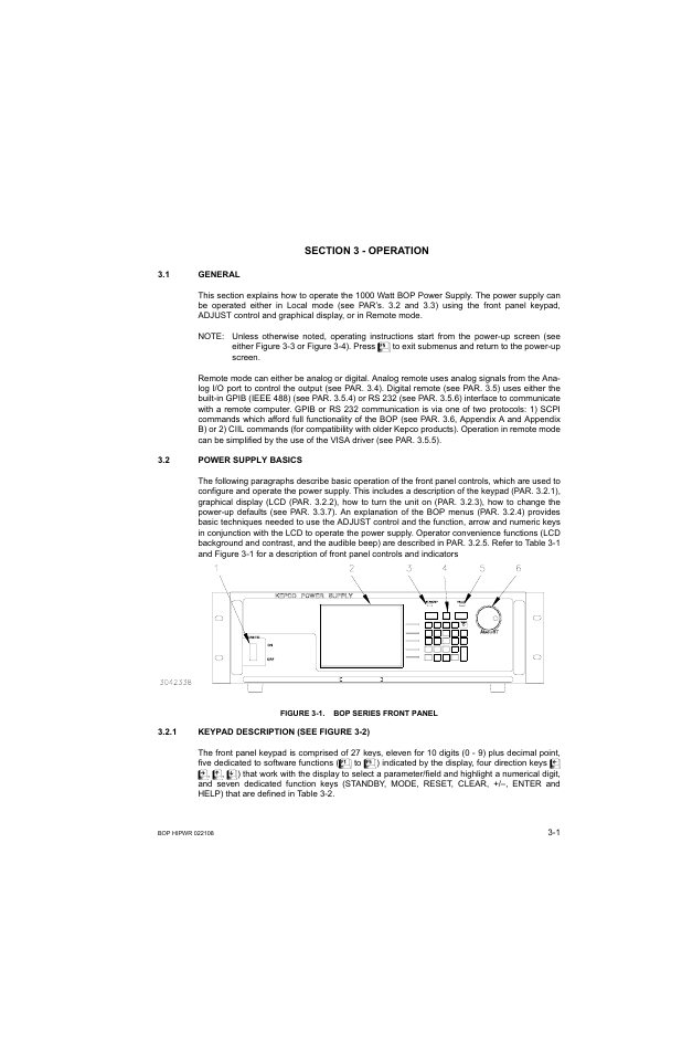 Section 3 - operation, 1 general, 2 power supply basics | Figure 3-1. bop series front panel, 1 keypad description, General -1, Power supply basics -1, Keypad description -1, Bop series front panel -1, 1 an | KEPCO BOP 1KW-MG Operator Manual, Firmware Ver.2.01 to 2.37 User Manual | Page 61 / 176