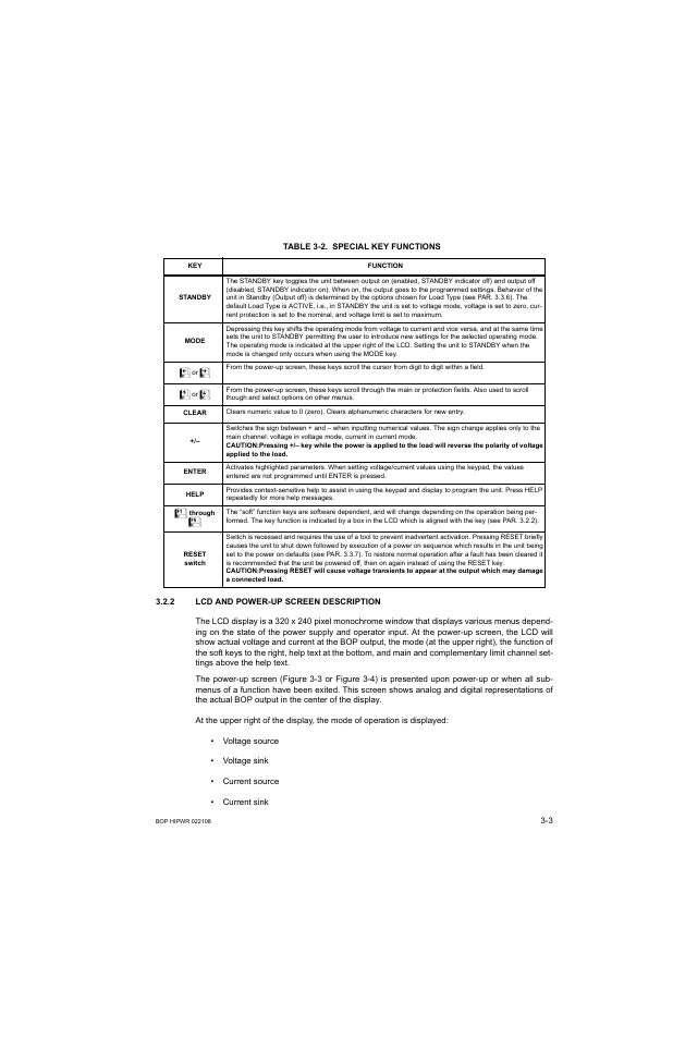 Table 3-2. special key functions, 2 lcd and power-up screen description, Caution | Which may damage a connected load, Lcd and power-up screen description -3, Special key functions -3, Able 3-2, Able 3-2) | KEPCO BOP 1KW-MG Operator Manual, Firmware Ver.2.01 to 2.37 User Manual | Page 63 / 176