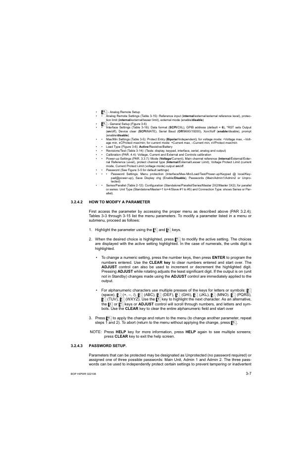 2 how to modify a parameter, 3 password setup, How to modify a parameter -7 | Password setup -7 | KEPCO BOP 1KW-MG Operator Manual, Firmware Ver.2.01 to 2.37 User Manual | Page 67 / 176