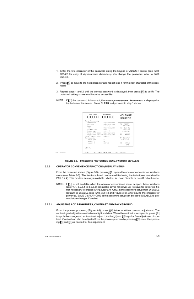 5 operator convenience functions (display menu), Operator convenience functions (display menu) -9, Password protection menu, factory defaults -9 | R. 3.2.5), Ee figure 3-5 for | KEPCO BOP 1KW-MG Operator Manual, Firmware Ver.2.01 to 2.37 User Manual | Page 69 / 176