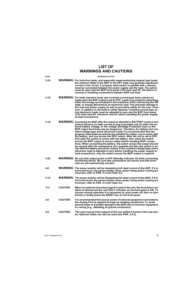 List of warnings and cautions | KEPCO BOP 1KW-MG Operator Manual, Firmware Ver.2.01 to 2.37 User Manual | Page 7 / 176
