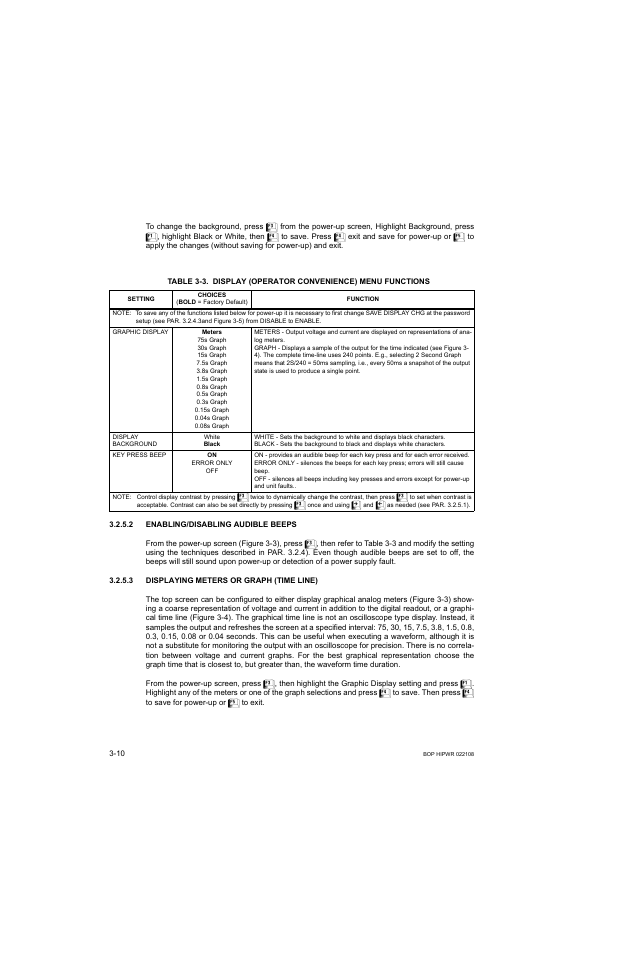 2 enabling/disabling audible beeps, 3 displaying meters or graph (time line), Enabling/disabling audible beeps -10 | Displaying meters or graph (time line) -10, Display (operator convenience) menu functions -10, Es 3-3, Ble 3-3), 3) can | KEPCO BOP 1KW-MG Operator Manual, Firmware Ver.2.01 to 2.37 User Manual | Page 70 / 176