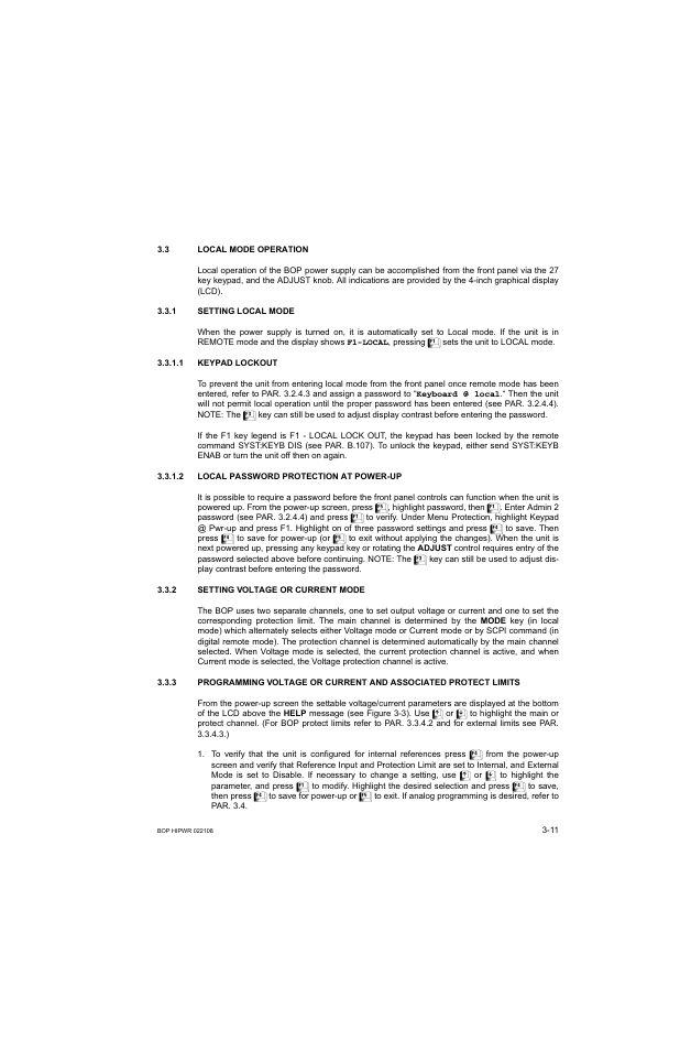 3 local mode operation, 1 setting local mode, 1 keypad lockout | 2 local password protection at power-up, 2 setting voltage or current mode, Local mode operation -11, Setting local mode -11, Keypad lockout -11, Local password protection at power-up -11, Setting voltage or current mode -11 | KEPCO BOP 1KW-MG Operator Manual, Firmware Ver.2.01 to 2.37 User Manual | Page 71 / 176