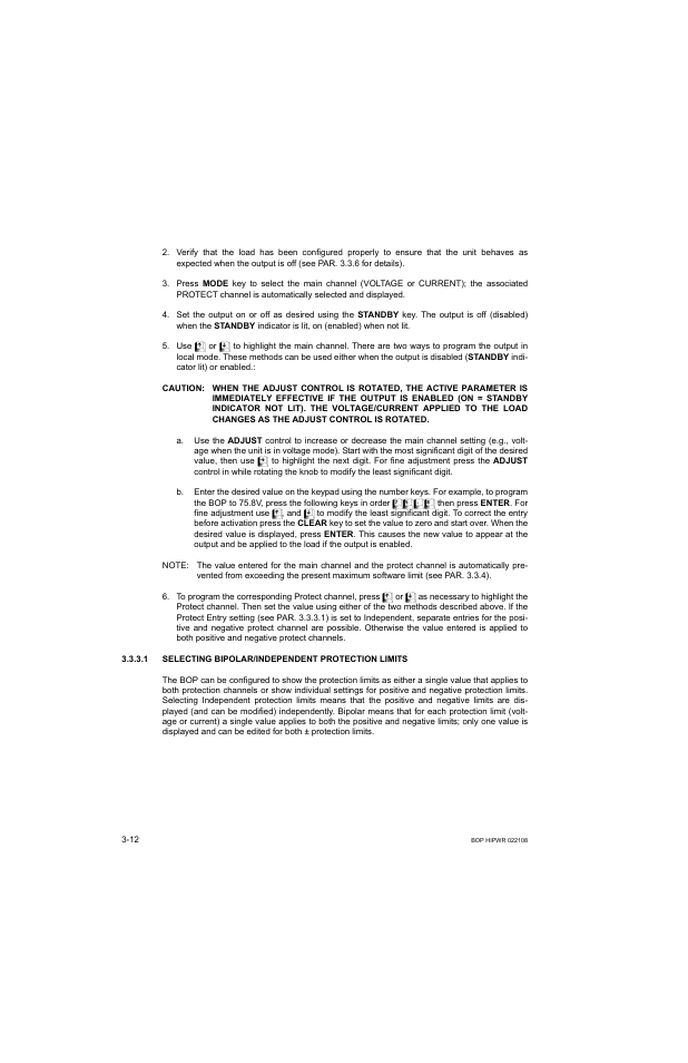 1 selecting bipolar/independent protection limits, Caution, Tated | KEPCO BOP 1KW-MG Operator Manual, Firmware Ver.2.01 to 2.37 User Manual | Page 72 / 176