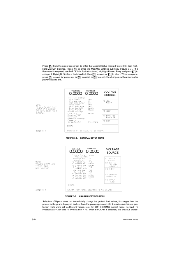 Figure 3-6. general setup menu, Figure 3-7. max/min settings menu, General setup menu -14 | Max/min settings menu -14, E 3-6) | KEPCO BOP 1KW-MG Operator Manual, Firmware Ver.2.01 to 2.37 User Manual | Page 74 / 176