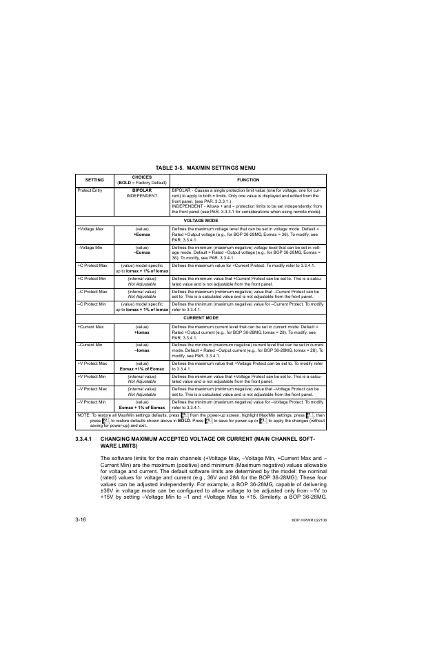 Table 3-5. max/min settings menu, Max/min settings menu -16, Able 3-5) | KEPCO BOP 1KW-MG Operator Manual, Firmware Ver.2.01 to 2.37 User Manual | Page 76 / 176