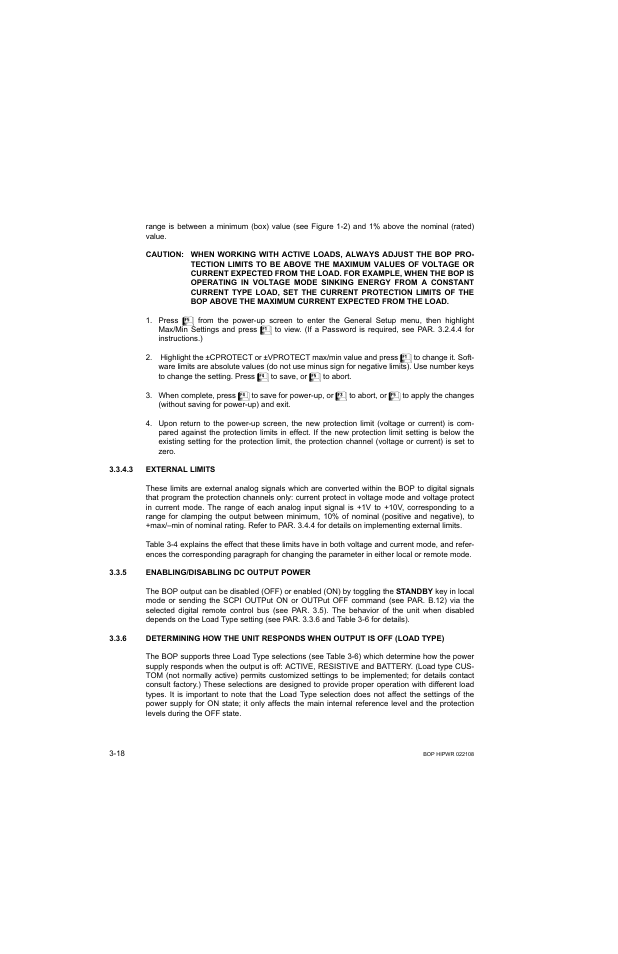 3 external limits, 5 enabling/disabling dc output power, Caution | External limits -18, Enabling/disabling dc output power -18, R. 3.3.6), R. 3.3.6). t | KEPCO BOP 1KW-MG Operator Manual, Firmware Ver.2.01 to 2.37 User Manual | Page 78 / 176