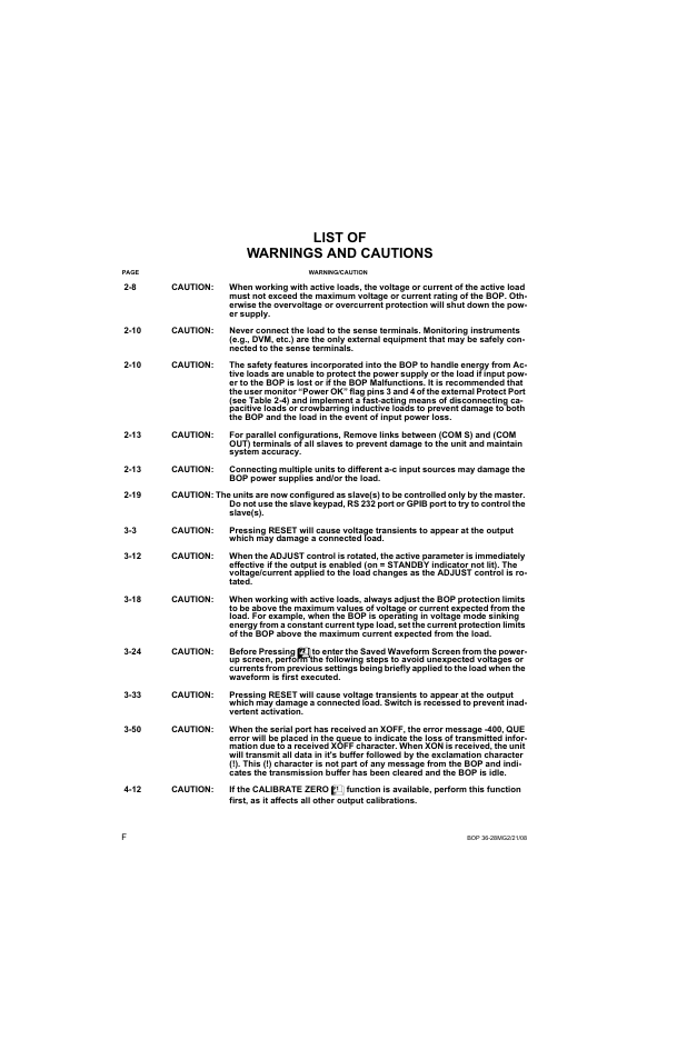 List of warnings and cautions | KEPCO BOP 1KW-MG Operator Manual, Firmware Ver.2.01 to 2.37 User Manual | Page 8 / 176