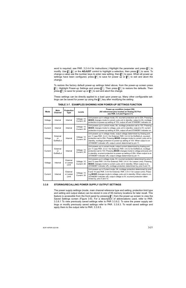 8 storing/recalling power supply output settings, Storing/recalling power supply output settings -21, Ble 3-7 illus | 7 ill | KEPCO BOP 1KW-MG Operator Manual, Firmware Ver.2.01 to 2.37 User Manual | Page 81 / 176