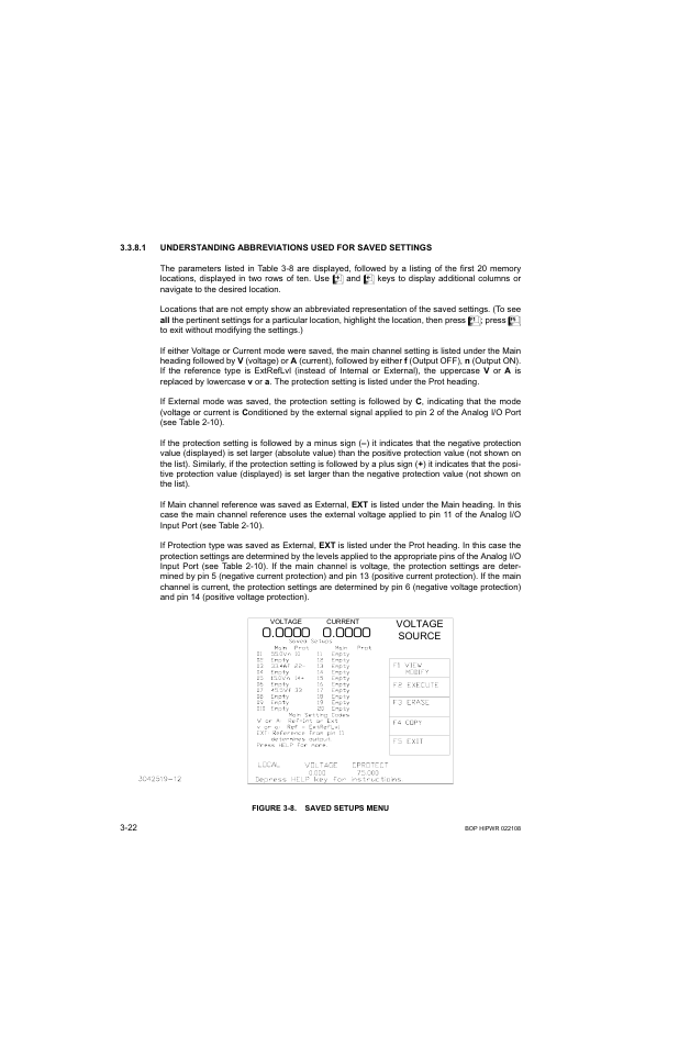 Figure 3-8. saved setups menu, Saved setups menu -22, Ure 3-8): re | KEPCO BOP 1KW-MG Operator Manual, Firmware Ver.2.01 to 2.37 User Manual | Page 82 / 176