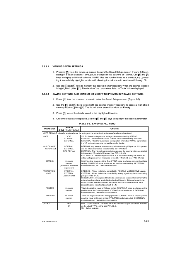 2 viewing saved settings, Table 3-8. save/recall menu, Viewing saved settings -23 | Save/recall menu -23, R 3.3.8.2. t, R. 3.3.8.3, 8 ar | KEPCO BOP 1KW-MG Operator Manual, Firmware Ver.2.01 to 2.37 User Manual | Page 83 / 176