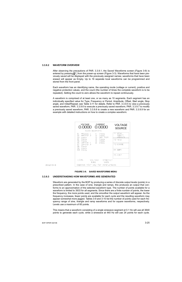 2 waveform overview, Figure 3-9. saved waveforms menu, 3 understanding how waveforms are generated | Waveform overview -25, Understanding how waveforms are generated -25, Saved waveforms menu -25, E 3-9): cho | KEPCO BOP 1KW-MG Operator Manual, Firmware Ver.2.01 to 2.37 User Manual | Page 85 / 176
