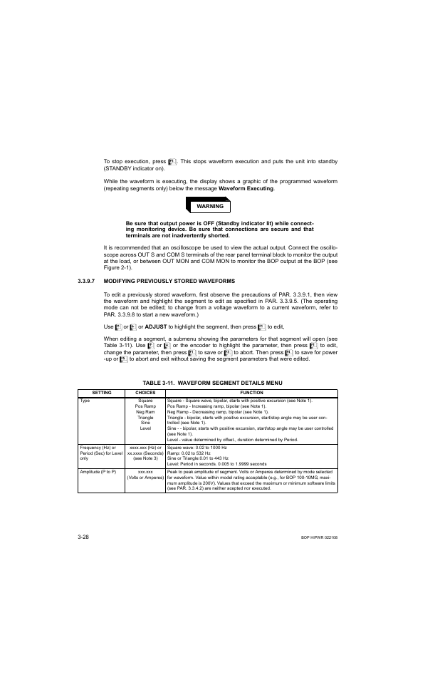 7 modifying previously stored waveforms, Table 3-11. waveform segment details menu, Modifying previously stored waveforms -28 | 11 waveform segment details menu -28, Able 3-11, 11 for, R. 3.3.9.7 to | KEPCO BOP 1KW-MG Operator Manual, Firmware Ver.2.01 to 2.37 User Manual | Page 88 / 176