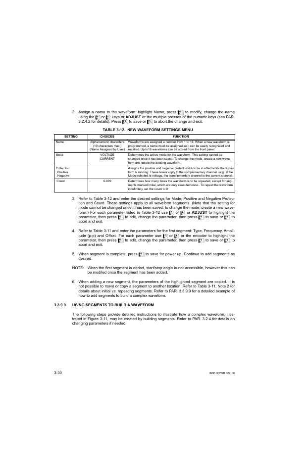 Table 3-12. new waveform settings menu, 9 using segments to build a waveform, Using segments to build a waveform -30 | 12 new waveform settings menu -30, Able 3-12) | KEPCO BOP 1KW-MG Operator Manual, Firmware Ver.2.01 to 2.37 User Manual | Page 90 / 176