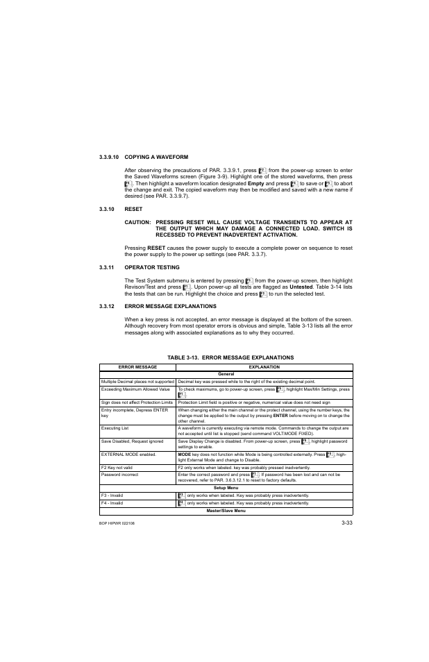 10 copying a waveform, 10 reset, 11 operator testing | 12 error message explanations, Table 3-13. error message explanations, Caution, Vertent activation, Copying a waveform -33, Reset -33, Operator testing -33 | KEPCO BOP 1KW-MG Operator Manual, Firmware Ver.2.01 to 2.37 User Manual | Page 93 / 176