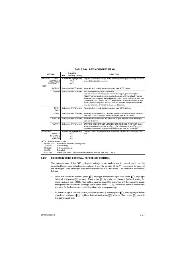 Table 3-14. revisions/test menu, 1 fixed gain using external reference control, Fixed gain using external reference control -37 | 14 revisions/test menu -37, R. 3.4.3.1, Le 3-14), R. 3.4.3.1 for | KEPCO BOP 1KW-MG Operator Manual, Firmware Ver.2.01 to 2.37 User Manual | Page 97 / 176