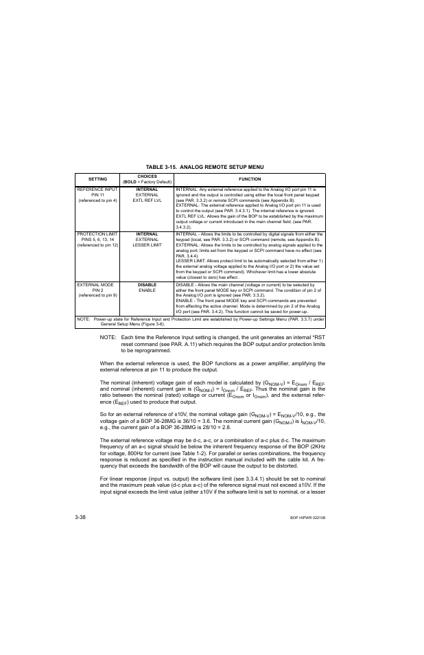Table 3-15. analog remote setup menu, 15 analog remote setup menu -38, 15): r | 15 list the, Ble 3-15 | KEPCO BOP 1KW-MG Operator Manual, Firmware Ver.2.01 to 2.37 User Manual | Page 98 / 176