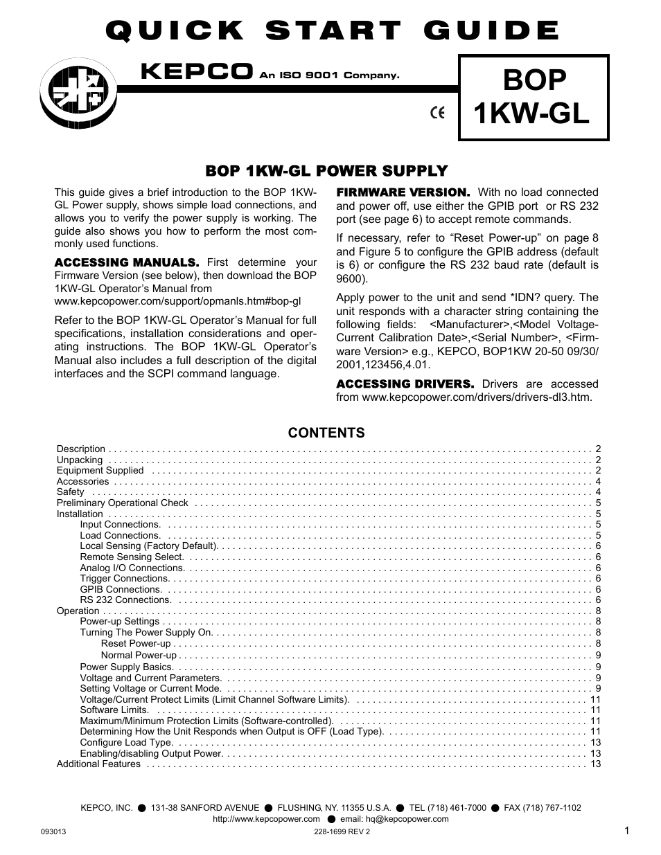 KEPCO BOP-GL 1KW Quick Start Guide User Manual | 16 pages