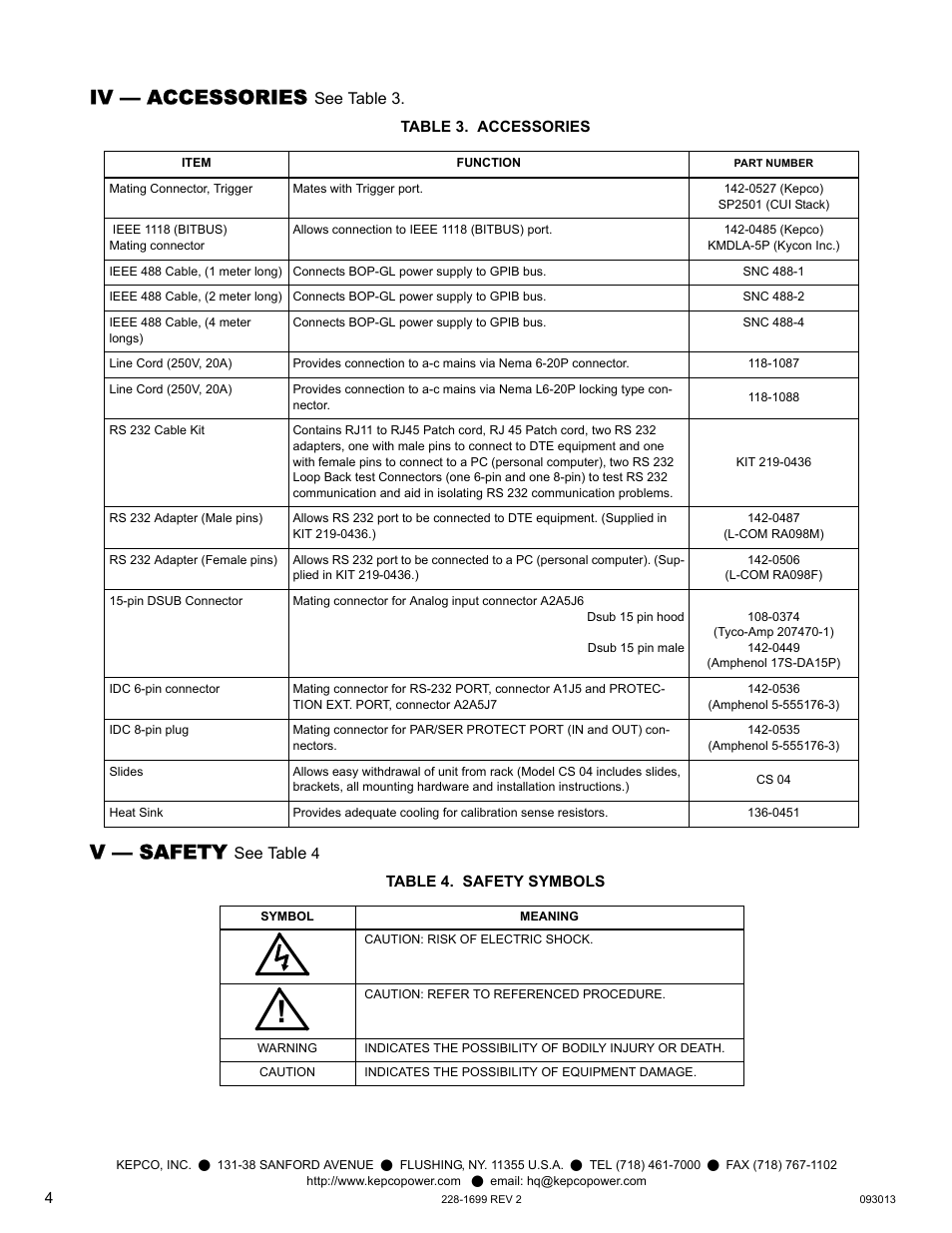 Iv — accessories, Table 3. accessories, V — safety | Table 4. safety symbols, Accessories, Safety | KEPCO BOP-GL 1KW Quick Start Guide User Manual | Page 4 / 16