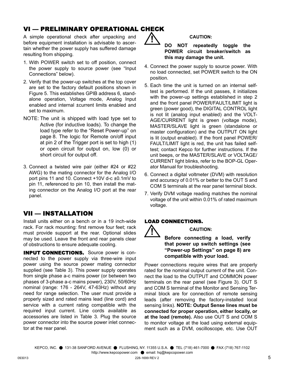 Vi — preliminary operational check, Vii — installation, Input connections | Load connections, Preliminary operational check, Installation | KEPCO BOP-GL 1KW Quick Start Guide User Manual | Page 5 / 16