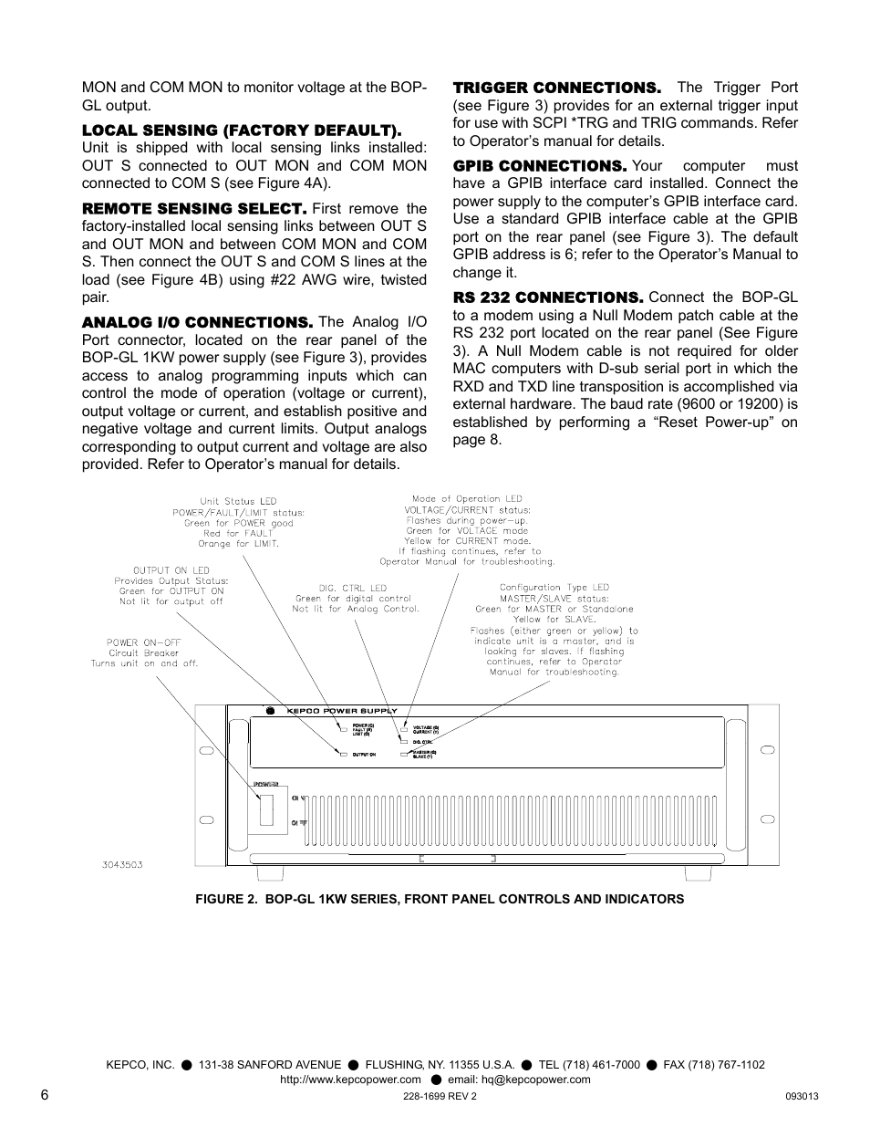 Local sensing (factory default), Remote sensing select, Analog i/o connections | Trigger connections, Gpib connections, Rs 232 connections | KEPCO BOP-GL 1KW Quick Start Guide User Manual | Page 6 / 16