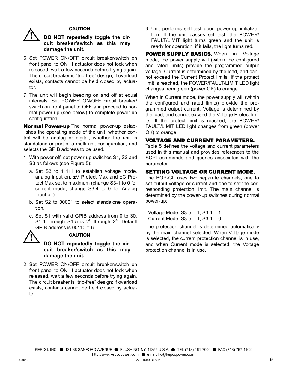 Normal power-up, Power supply basics, Voltage and current parameters | Setting voltage or current mode | KEPCO BOP-GL 1KW Quick Start Guide User Manual | Page 9 / 16