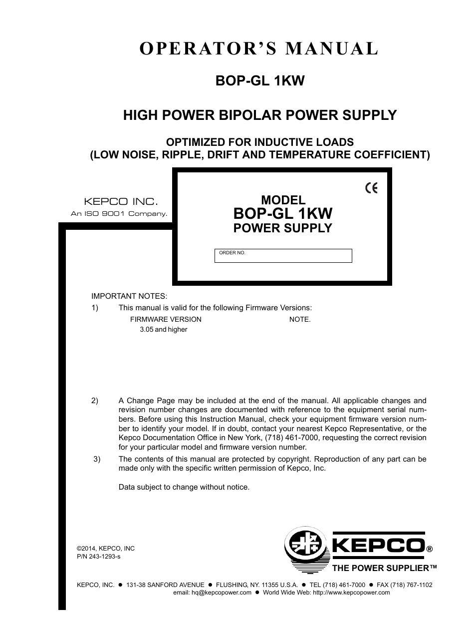 KEPCO BOP-GL 1KW Operator Manual Firmware Ver.3.05 and higher User Manual | 168 pages