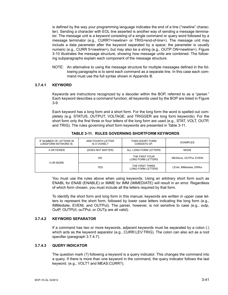 1 keyword, Table 3-11. rules governing shortform keywords, 2 keyword separator | 3 query indicator, Keyword -41, Keyword separator -41, Query indicator -41, 11 rules governing shortform keywords -41 | KEPCO BOP-GL 1KW Operator Manual Firmware Ver.3.05 and higher User Manual | Page 103 / 168