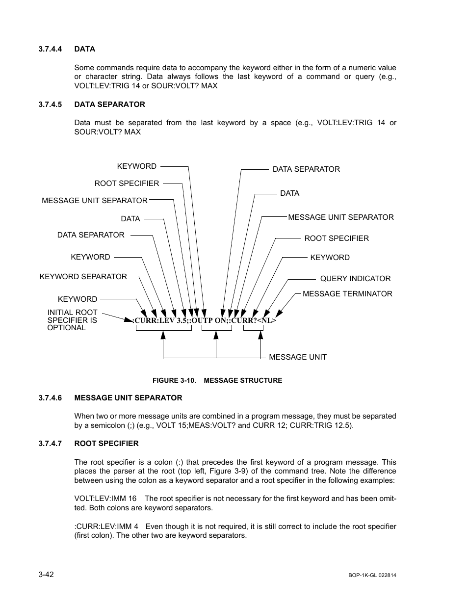 4 data, 5 data separator, Figure 3-10. message structure | 6 message unit separator, 7 root specifier, Data -42, Data separator -42, Message unit separator -42, Root specifier -42, 10 message structure -42 | KEPCO BOP-GL 1KW Operator Manual Firmware Ver.3.05 and higher User Manual | Page 104 / 168