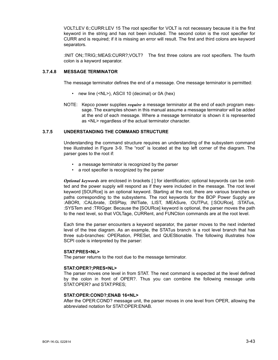 8 message terminator, 5 understanding the command structure, Message terminator -43 | Understanding the command structure -43 | KEPCO BOP-GL 1KW Operator Manual Firmware Ver.3.05 and higher User Manual | Page 105 / 168