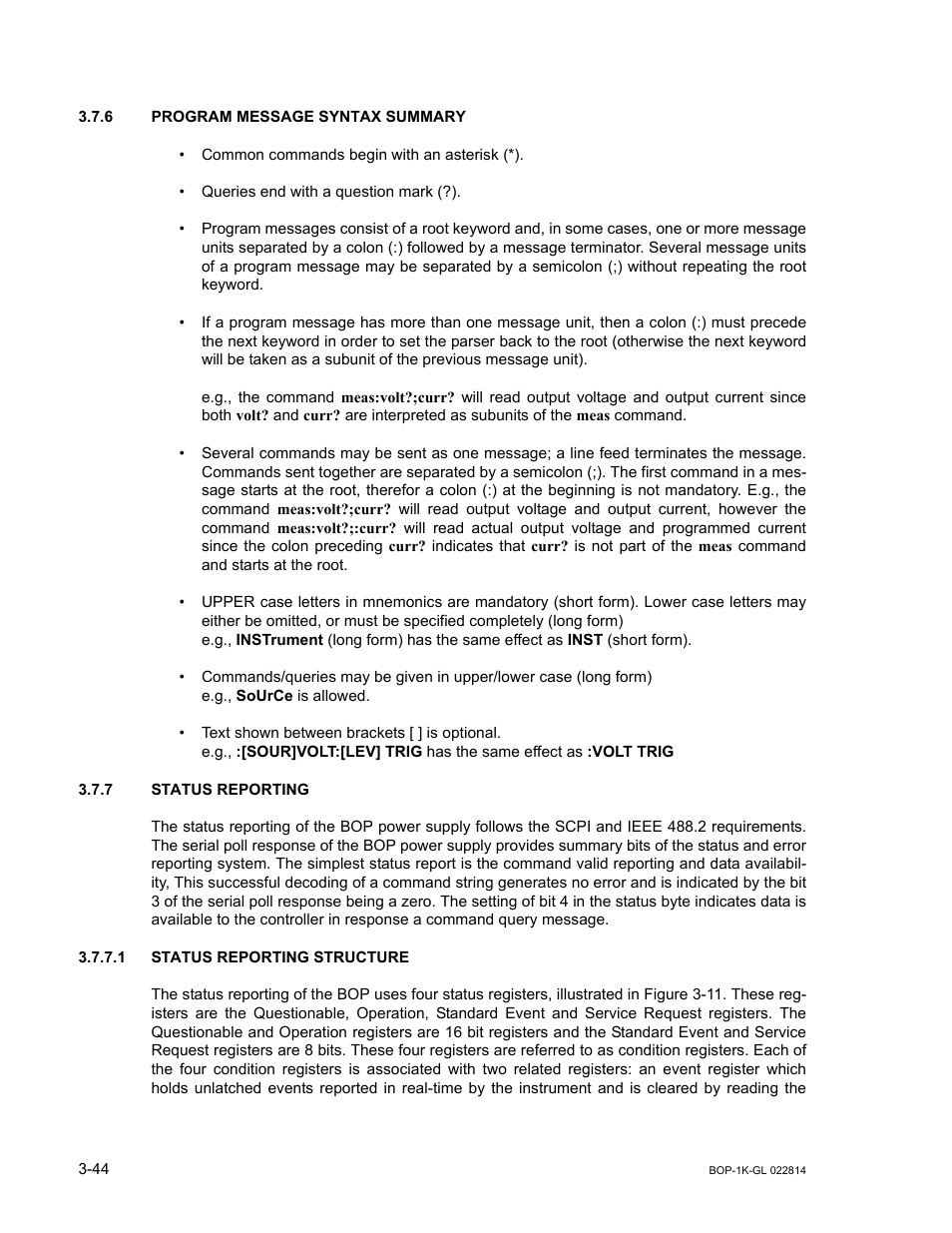 6 program message syntax summary, 7 status reporting, 1 status reporting structure | Program message syntax summary -44, Status reporting -44, Status reporting structure -44 | KEPCO BOP-GL 1KW Operator Manual Firmware Ver.3.05 and higher User Manual | Page 106 / 168