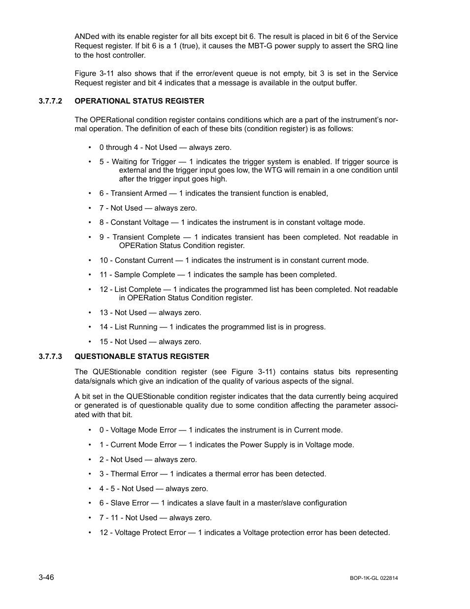 2 operational status register, 3 questionable status register, Operational status register -46 | Questionable status register -46 | KEPCO BOP-GL 1KW Operator Manual Firmware Ver.3.05 and higher User Manual | Page 108 / 168