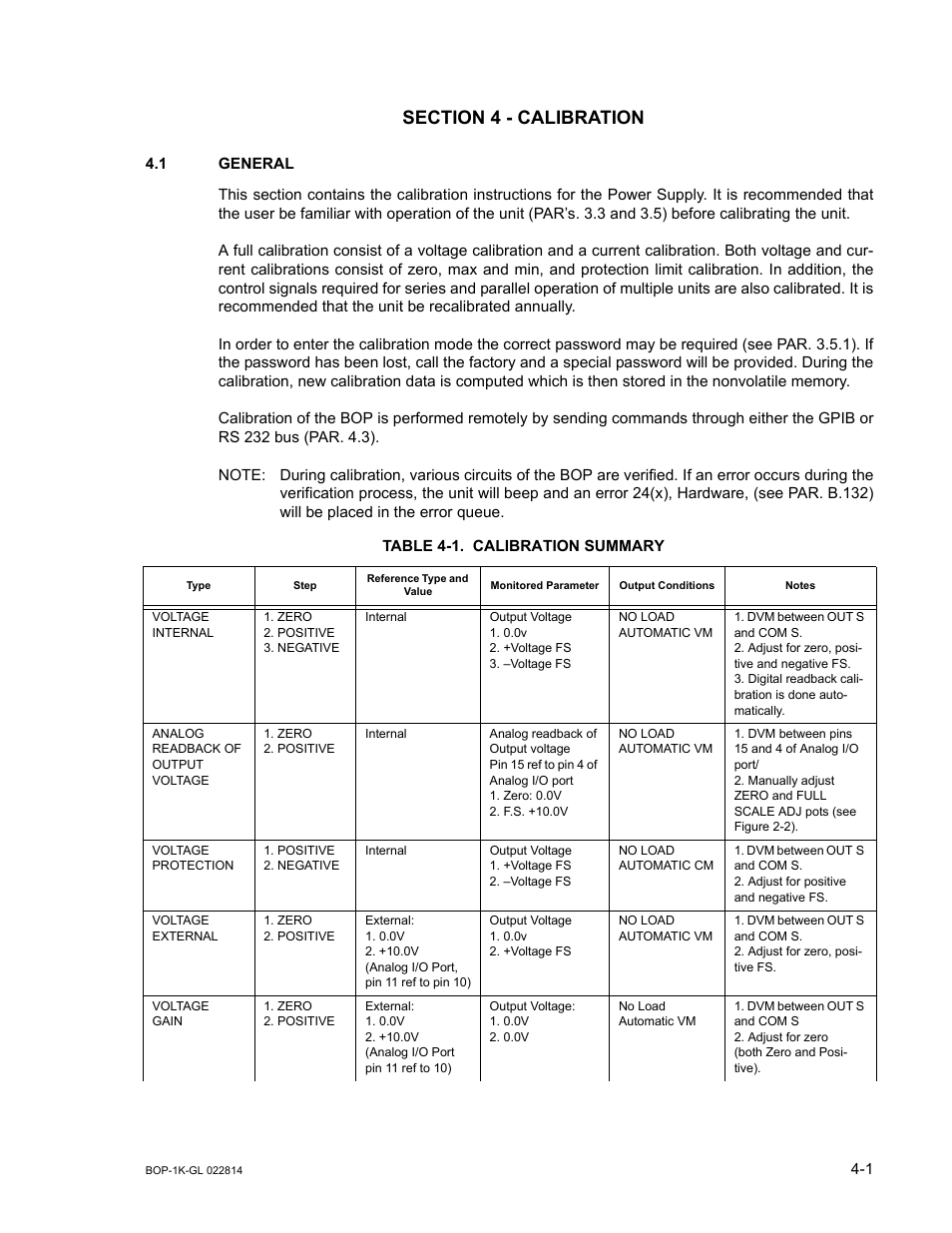 Section 4 - calibration, 1 general, Table 4-1. calibration summary | General -1, Calibration summary -1 | KEPCO BOP-GL 1KW Operator Manual Firmware Ver.3.05 and higher User Manual | Page 111 / 168