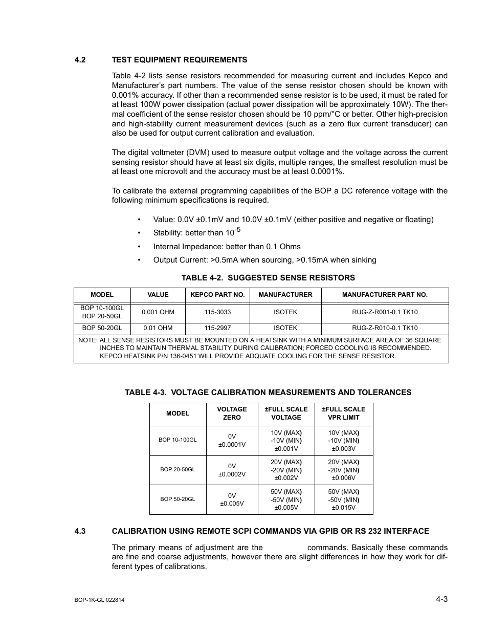 2 test equipment requirements, Table 4-2. suggested sense resistors, Test equipment requirements -3 | Suggested sense resistors -3, Voltage calibration measurements and tolerances -3, Ar. 4.3) | KEPCO BOP-GL 1KW Operator Manual Firmware Ver.3.05 and higher User Manual | Page 113 / 168