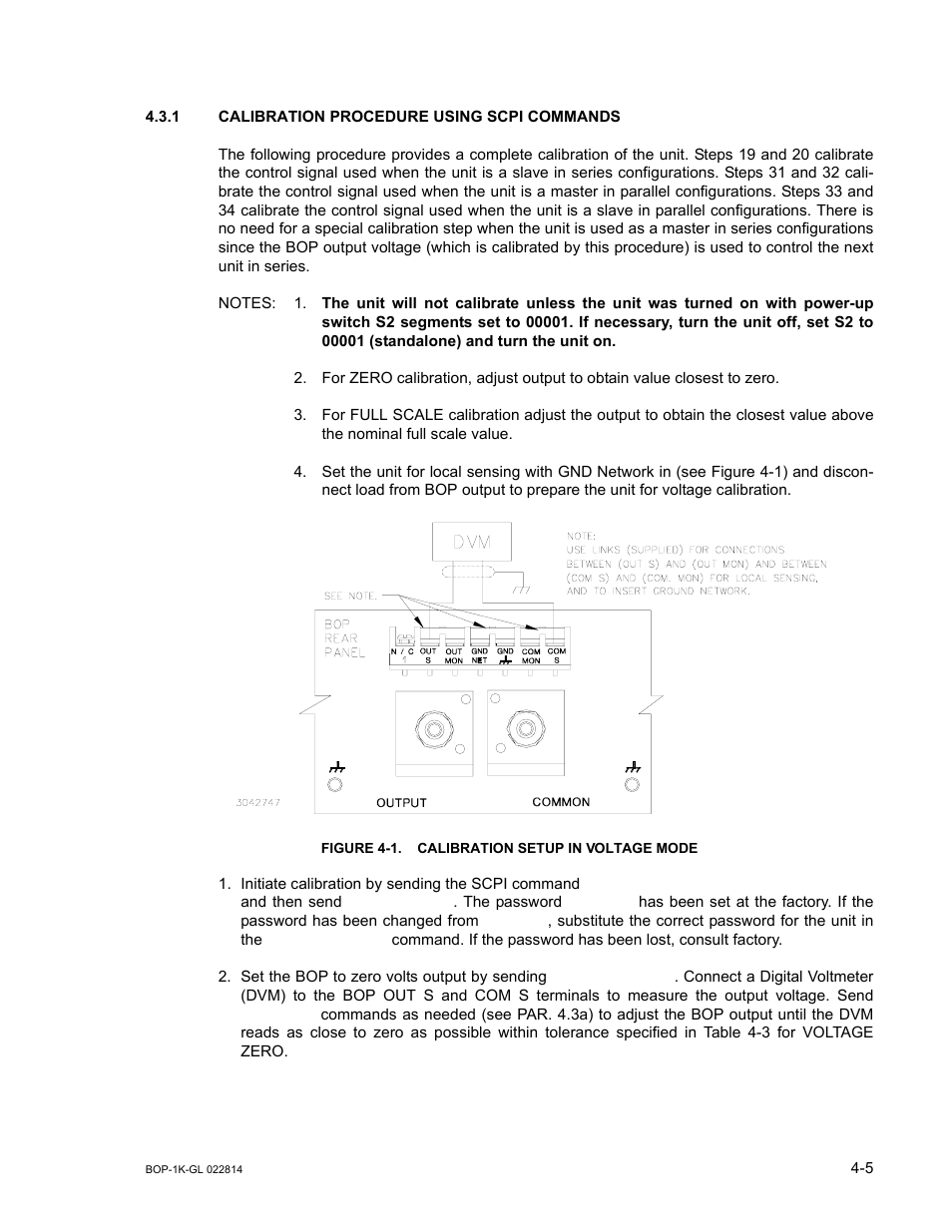 1 calibration procedure using scpi commands, Figure 4-1. calibration setup in voltage mode, Calibration procedure using scpi commands -5 | Calibration setup in voltage mode -5 | KEPCO BOP-GL 1KW Operator Manual Firmware Ver.3.05 and higher User Manual | Page 115 / 168