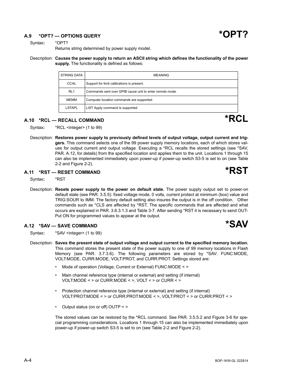 A.9 *opt? — options query, A.10 *rcl — recall command, A.11 *rst — reset command | A.12 *sav — save command, A.10, A.11, A.12, R a.12) | KEPCO BOP-GL 1KW Operator Manual Firmware Ver.3.05 and higher User Manual | Page 126 / 168