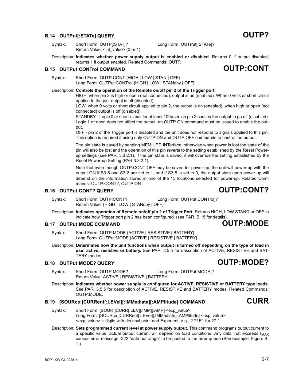 B.14 output[:state] query, B.15 output:control command, B.16 output:cont? query | B.17 output:mode command, B.18 output:mode? query, B.14, Outp, B.15, B.16, B.17 | KEPCO BOP-GL 1KW Operator Manual Firmware Ver.3.05 and higher User Manual | Page 135 / 168