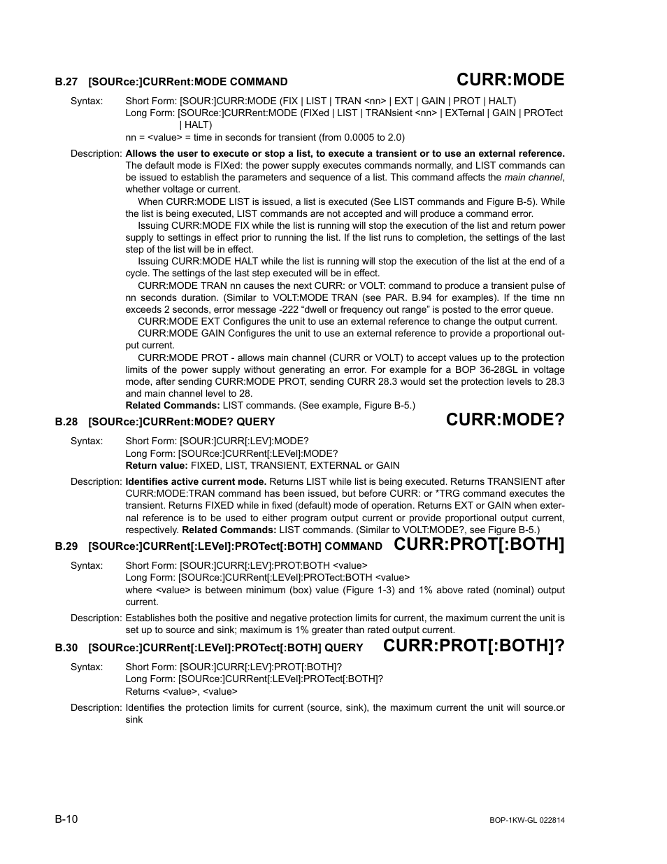 B.27 [source:]current:mode command, B.28 [source:]current:mode? query, B.30 [source:]current[:level]:protect[:both] query | B.27, Sour, B.28, B.29, B.30, B.27) or, B.29, b.30 | KEPCO BOP-GL 1KW Operator Manual Firmware Ver.3.05 and higher User Manual | Page 138 / 168