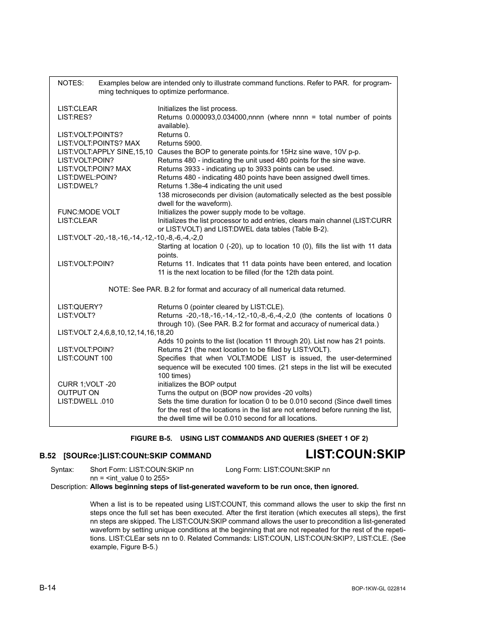 Figure b-5. using list commands and queries, B.52 [source:]list:count:skip command, B.52 | Sour, List:coun:skip | KEPCO BOP-GL 1KW Operator Manual Firmware Ver.3.05 and higher User Manual | Page 142 / 168