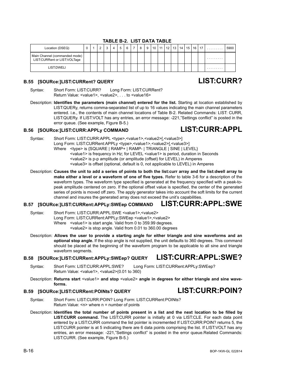 Table b-2. list data table, B.55 [source:]list:current? query, B.56 [source:]list:curr:apply command | B.57 [source:]list:current:apply:sweep command, B.58 [source:]list:current:apply:sweep? query, B.59 [source:]list:current:points? query, B.55, Sour, B.56, B.57 | KEPCO BOP-GL 1KW Operator Manual Firmware Ver.3.05 and higher User Manual | Page 144 / 168