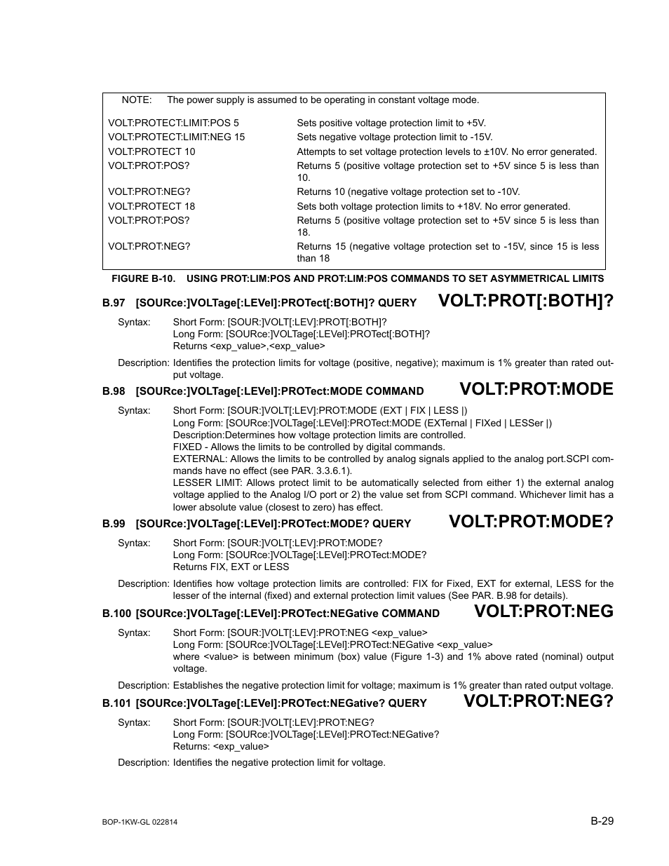 B.98 [source:]voltage[:level]:protect:mode command, B.99 [source:]voltage[:level]:protect:mode? query, B.97 | Sour, B.98, B.99, B.100, B.101, R. b.98), B.100, b.101 | KEPCO BOP-GL 1KW Operator Manual Firmware Ver.3.05 and higher User Manual | Page 157 / 168