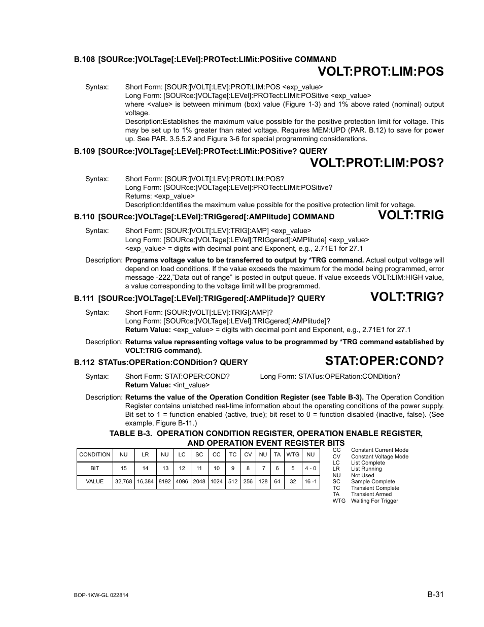 B.112 status:operation:condition? query, B.108, Sour | B.109, B.110, B.111, B.112, Stat, B.108), E b-3) | KEPCO BOP-GL 1KW Operator Manual Firmware Ver.3.05 and higher User Manual | Page 159 / 168