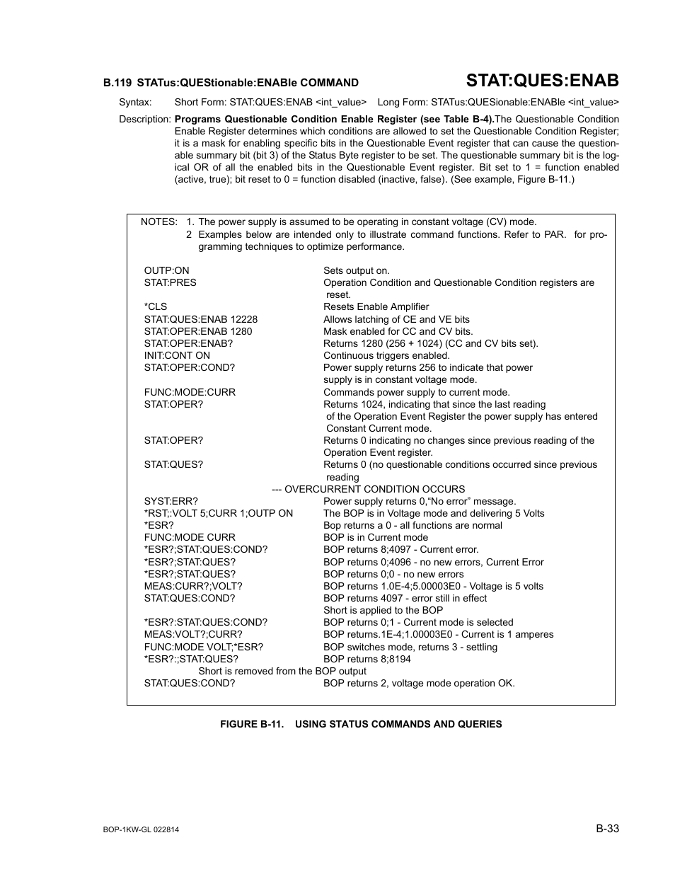 B.119 status:questionable:enable command, Figure b-11. using status commands and queries, B.119 | Stat, B.119, b, Stat:ques:enab | KEPCO BOP-GL 1KW Operator Manual Firmware Ver.3.05 and higher User Manual | Page 161 / 168