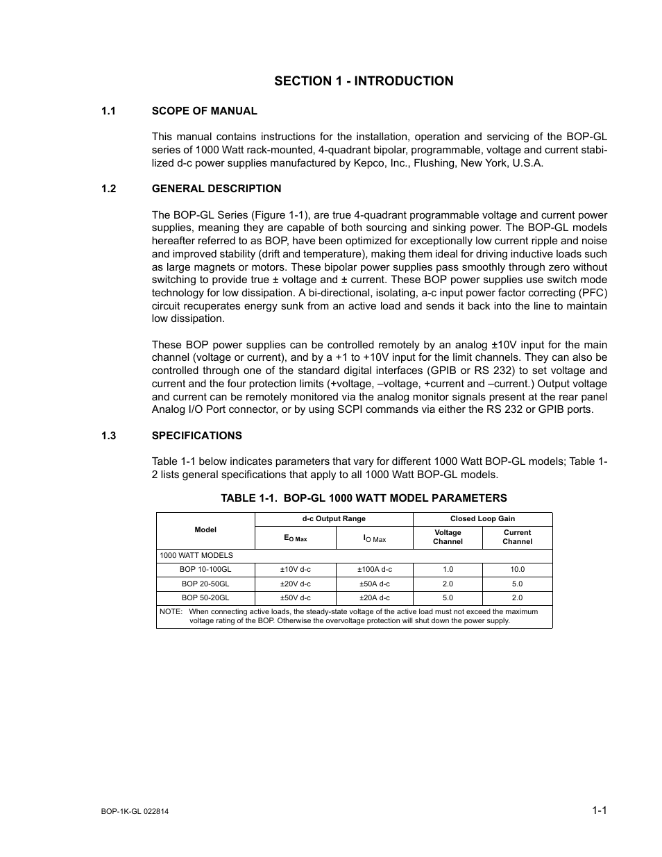 Section 1 - introduction, 1 scope of manual, 2 general description | 3 specifications, Table 1-1. bop-gl 1000 watt model parameters, Scope of manual -1, General description -1, Specifications -1, Bop-gl 1000 watt model parameters -1 | KEPCO BOP-GL 1KW Operator Manual Firmware Ver.3.05 and higher User Manual | Page 19 / 168